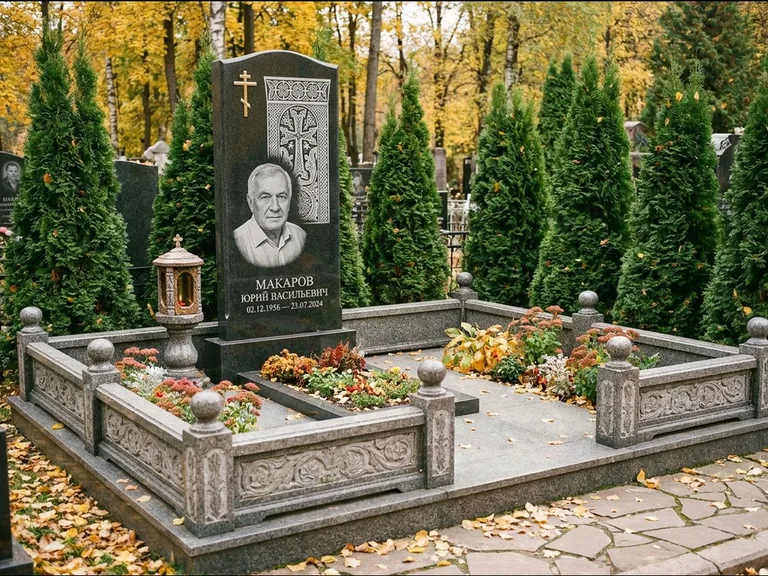 Памятник из чёрного гранита — стела с крестом и лампадой с армянским хачкаром, работа «Гущин» в Нижнем Новгороде