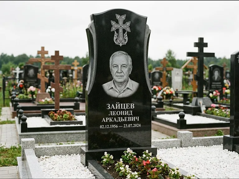Памятник из чёрного гранита — семейная стела на двоих с армянским хачкаром, работа «Журавлёв» в Нижнем Новгороде