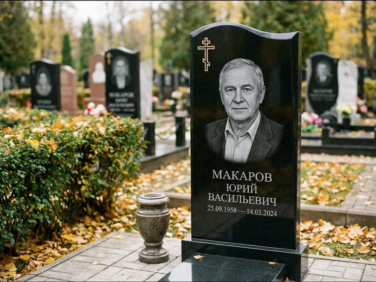 Памятник из чёрного гранита — фигурная стела с киот-нишей с процветшим крестом с виноградной лозой, работа «Богданов» в Нижнем Новгороде