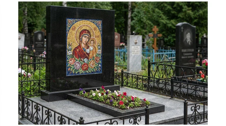 Мозаика на памятник в Нижнем Новгороде — цветное панно из смальты на чёрной гранитной стеле