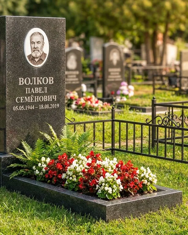 Тёмно-серый памятник под ключ с художественной гравировкой в Нижнем Новгороде