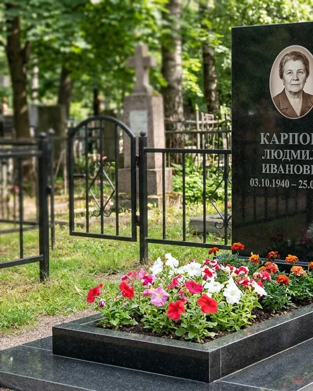 Памятник под ключ с низкой оградой и цветником в Нижнем Новгороде