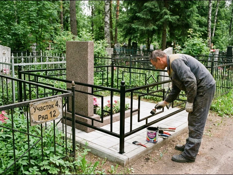 Покраска оградки на кладбище в Нижнем Новгороде — мастер красит металлическую ограду на могиле чёрной эмалью