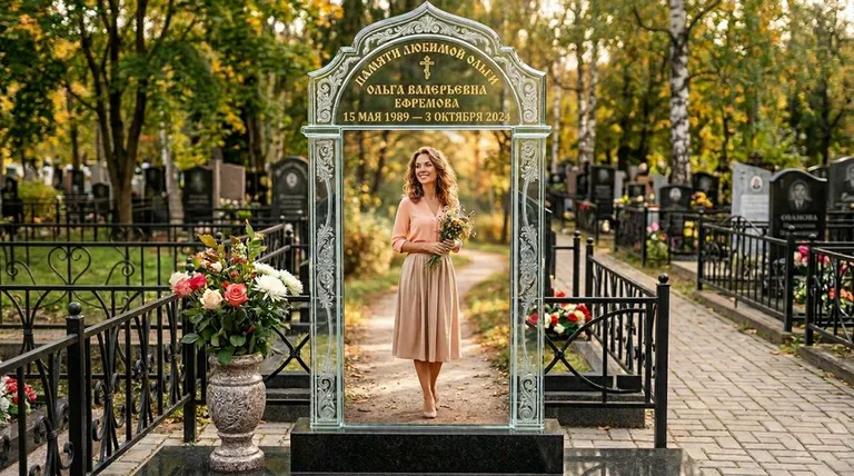 Портрет на стекле в форме арки на памятнике в Нижнем Новгороде