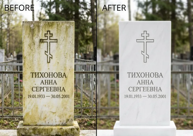 Восстановление мраморного надгробия от желтизны: до и после в Нижнем Новгороде