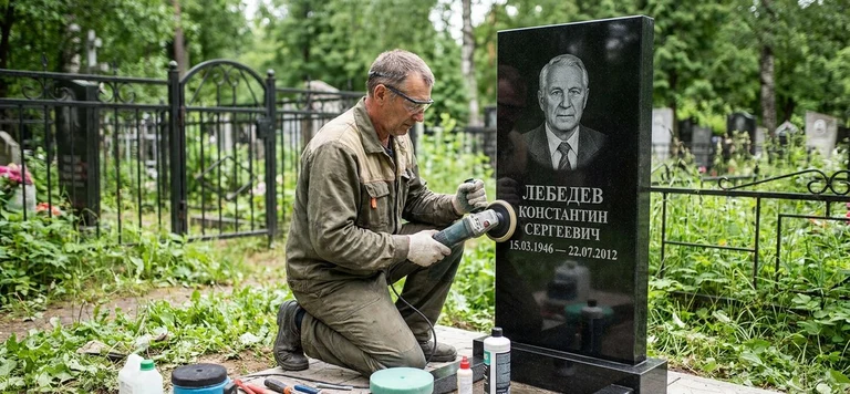 Реставрация памятника в Нижнем Новгороде — восстановление гранита, заделка трещин и обновление надписей на кладбище