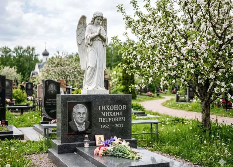 Мраморный молящийся ангел на гранитном памятнике весной в Нижнем Новгороде