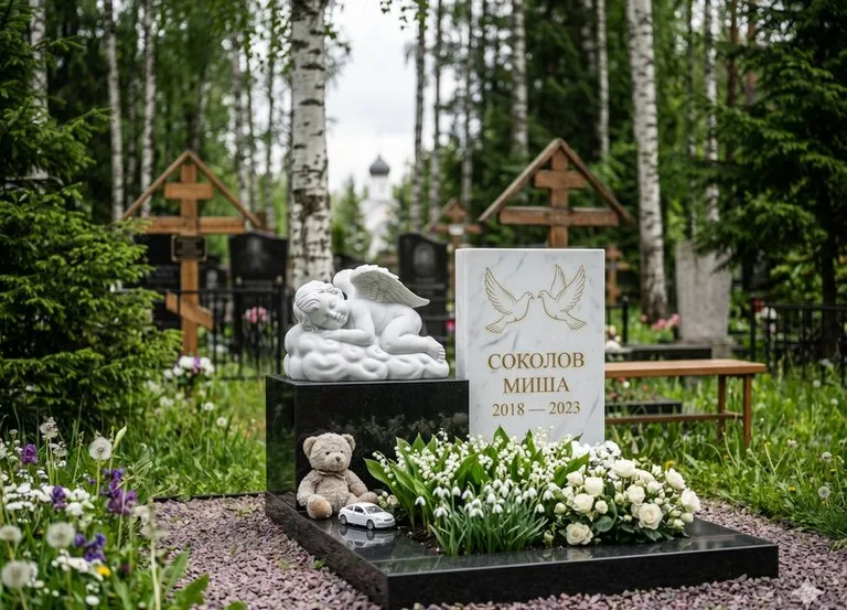 Белый ангелочек на детском памятнике в Нижнем Новгороде