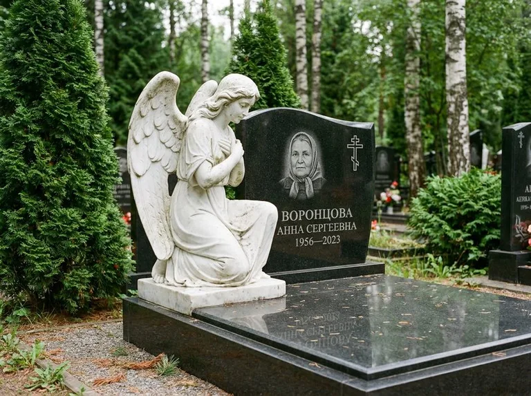Белый мраморный ангел на гранитном памятнике в Нижнем Новгороде