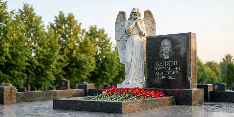 Скульптура на памятник в Нижнем Новгороде — мраморный ангел на гранитном мемориале