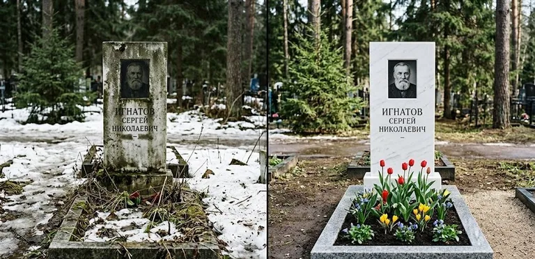 Диптих №6: высадка хризантем у подножия серого гранита — до и после уборки в Нижнем Новгороде