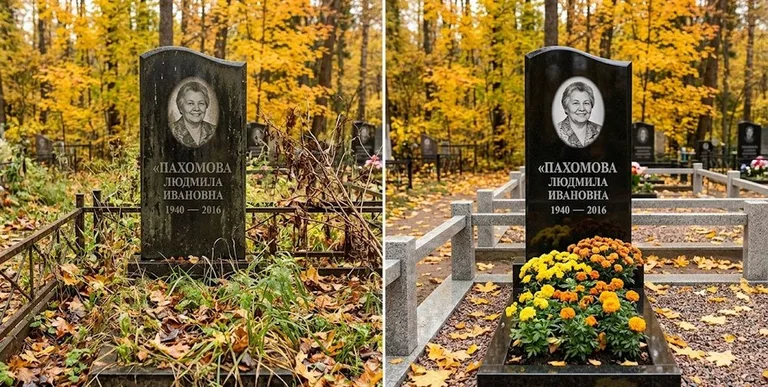 Уборка могилы до и после осенью — клёны в Нижнем Новгороде