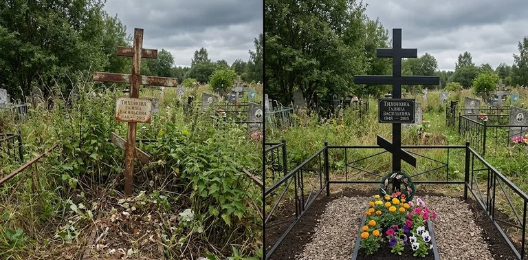 Уборка могилы до и после в пасмурный день — крест в Нижнем Новгороде