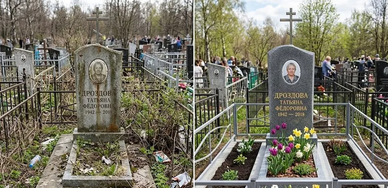 Диптих №4: свежепокрашенная серебром оградка и отмытый красный гранит — до и после в Нижнем Новгороде