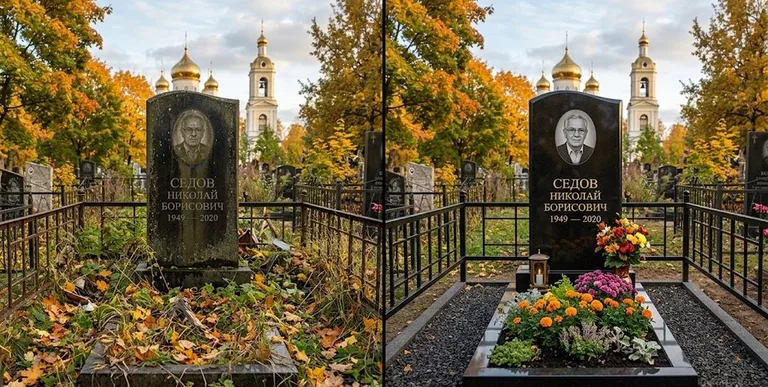 Уборка могилы до и после осенью — у церкви в Нижнем Новгороде