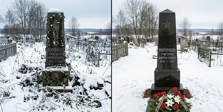 Уборка могилы до и после зимой — воинский обелиск в Нижнем Новгороде