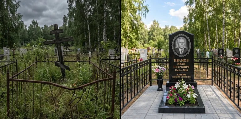 Благоустройство могилы до и после установки памятника в Нижнем Новгороде
