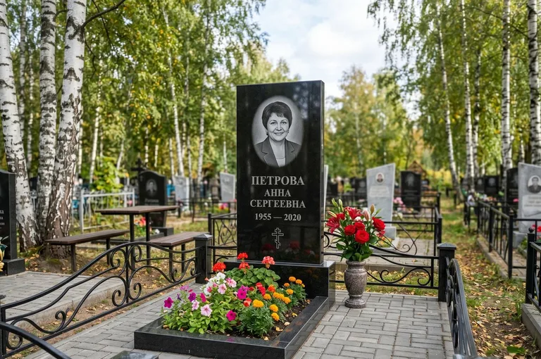 Гранитный памятник с цветником и плиткой в Нижнем Новгороде