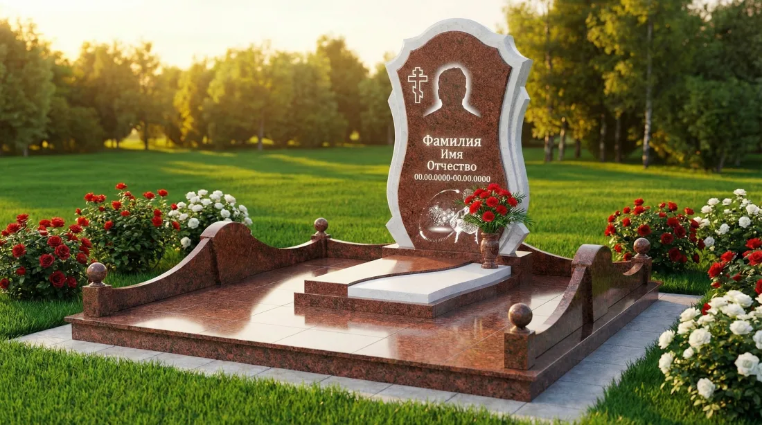 Памятник бабушке из красно-коричневого гранита, фигурная стела с гравировкой силуэта и креста, цветник Памятник бабушке из красно-коричневого гранита, фигурная стела с гравировкой силуэта и креста, цветник