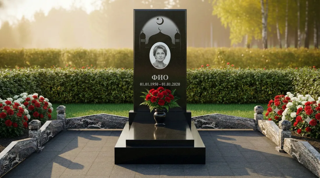 Памятник женщине из чёрного гранита, вертикальная стела с овальным портретом, гравировкой мечети и полумесяца, цветником и красными розами Памятник женщине из чёрного гранита, вертикальная стела с овальным портретом, гравировкой мечети и полумесяца, цветником и красными розами