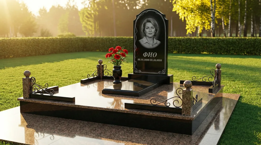 Памятник женщине из чёрного гранита, фигурная стела с портретом, кованая оградка и цветник с красными цветами Памятник женщине из чёрного гранита, фигурная стела с портретом, кованая оградка и цветник с красными цветами