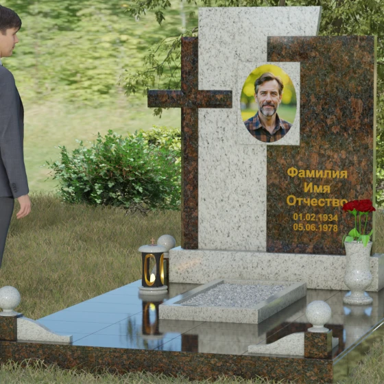 Комбинированный гранитный монумент с крестом, гранит Мансуровский, вид 4