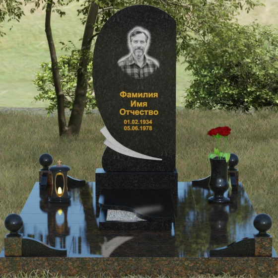 Гранитный памятник «Волна» с изгибом, гранит Габбро-диабаз, вид 2