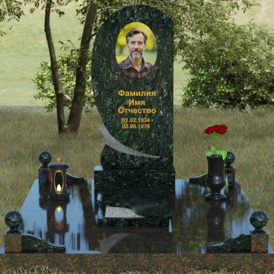 Гранитный памятник «Волна» с изгибом, гранит Балтик грин, вид 2