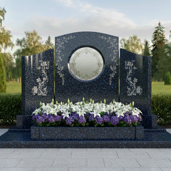 Гранитный памятник-свиток с круглой нишей, гранит Блю Перл
