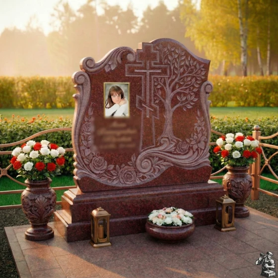 Гранитная стела-волна с крестом и Древом Жизни, гранит Лезниковский