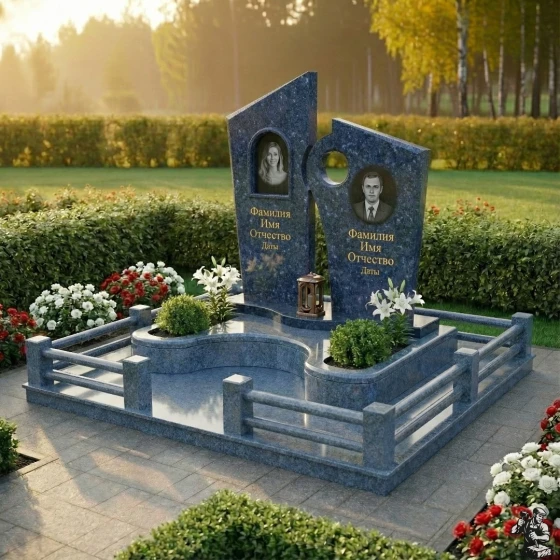 Мемориальный комплекс с кругом и клумбами, гранит Блю Перл