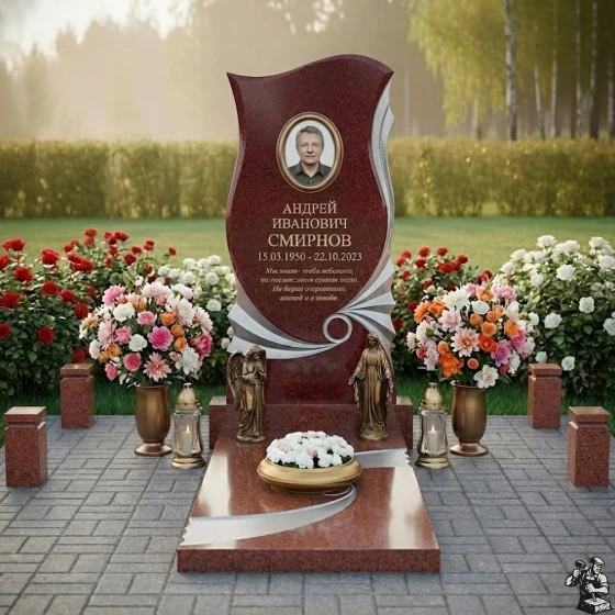 Памятник с объемной резьбой и двумя ангелами, гранит Лезниковский