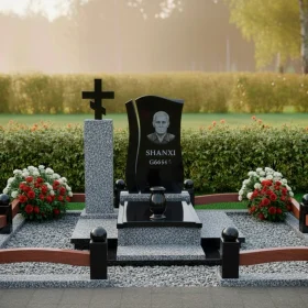 Элитный гранитный или мраморный памятник со стеклом и крестом - ПН428