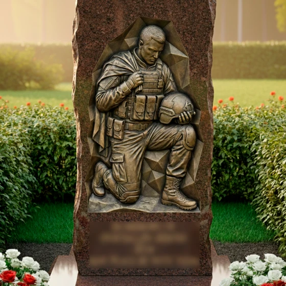 Гранитный памятник-глыба с барельефом воина, гранит Дымовский