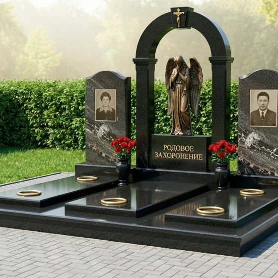 Семейный мемориал с аркой и ангелом, гранит амфиболит