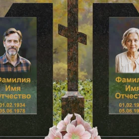 Гранитный памятник со стеклом и крестом для двоих - П246