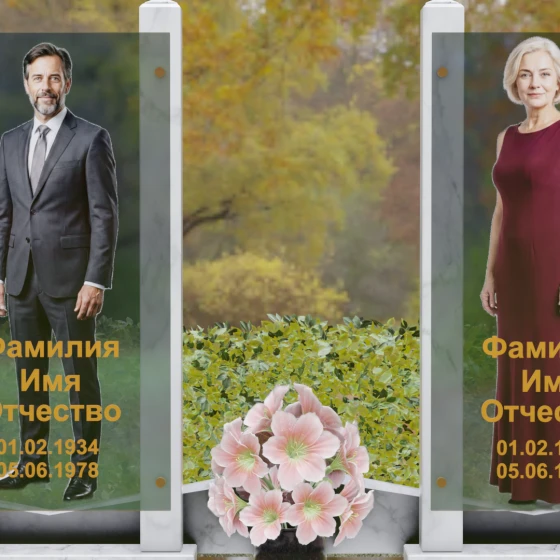 Вертикальный памятник из гранита со стеклянными панелями, мрамор Тассос