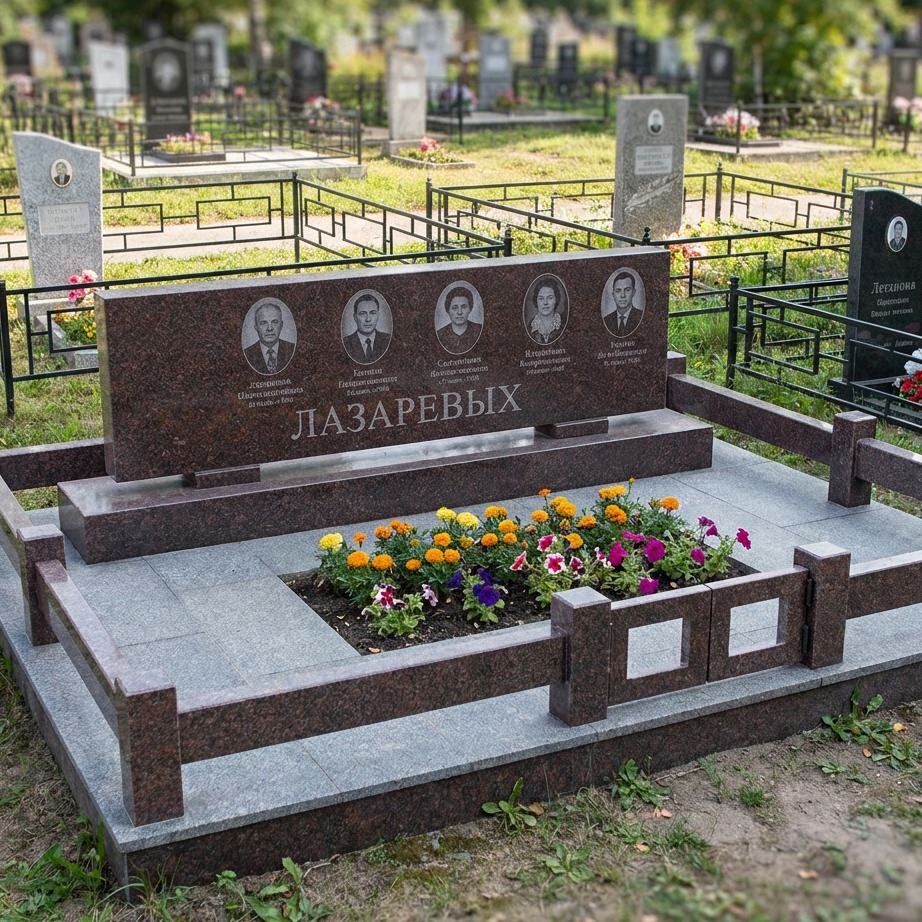 Пример дизайна: Мемориальный комплекс на 5 человек из красного гранита — фото и цена
