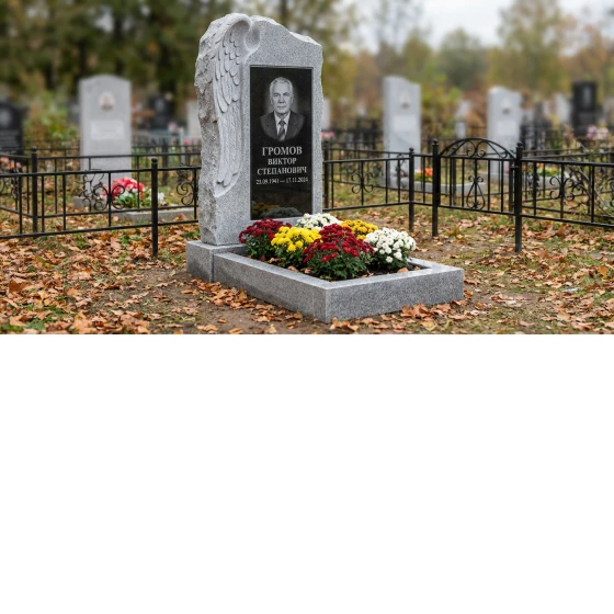 Мемориал с крылом ангела из серого гранита Mansurovsky