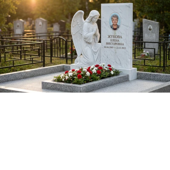 Мемориал с коленопреклонённым ангелом из белого мрамора