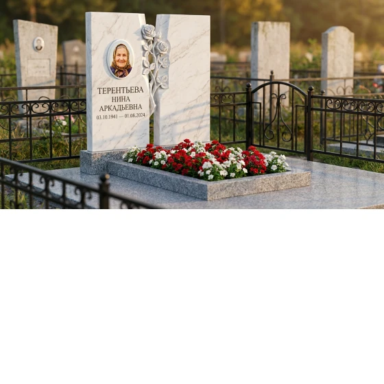 Памятник с розой из белого мрамора с двойной стелой