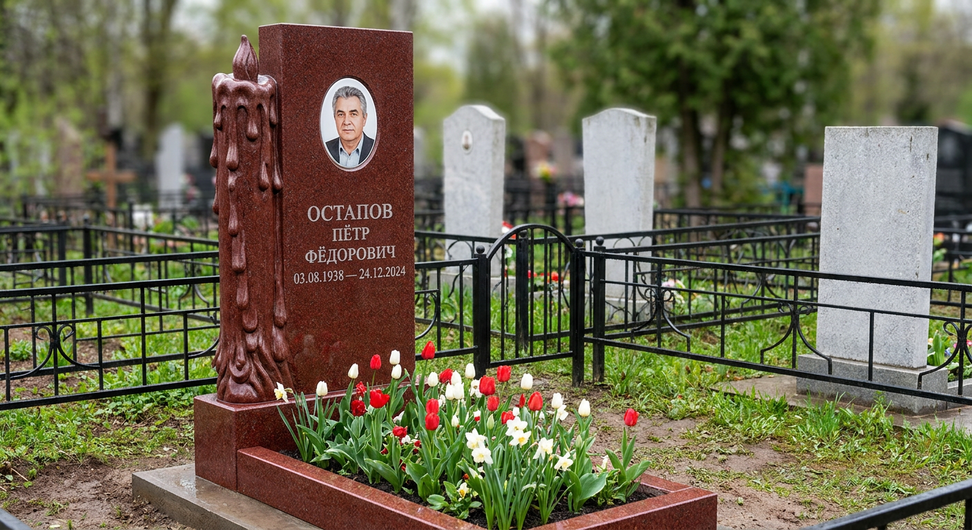 Пример дизайна: Памятник со свечой из лезниковского гранита с фигурной резьбой