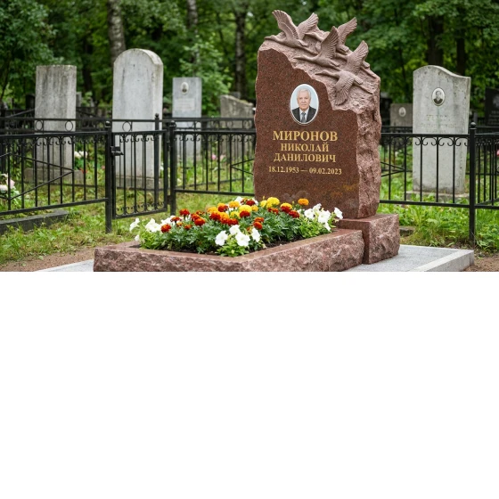 Памятник с клином журавлей из лезниковского гранита с портретом