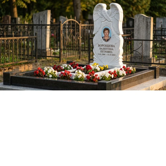 Мемориал с парящими крыльями из белого мрамора с портретом