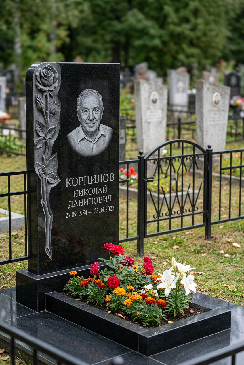 Пример дизайна: Гранитный памятник волнообразный с кованой оградой и золотыми элементами — фото и цена