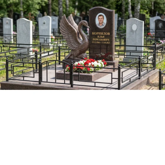 Памятник с лебедем из дымовского гранита с распахнутыми крыльями