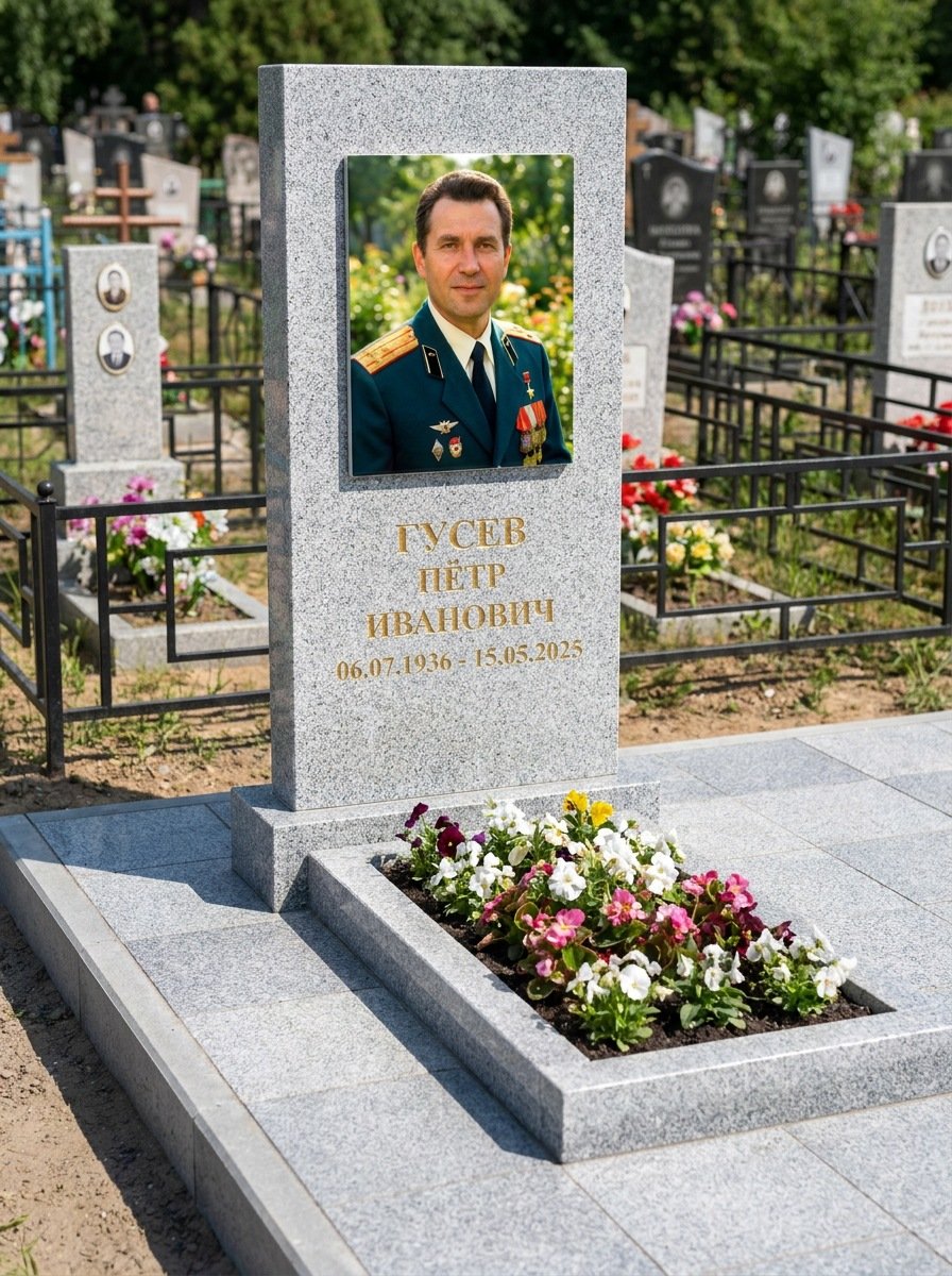 Портрет на памятнике в Нижнем Новгороде — Прямоугольник на гранитной стеле, ФИО и даты на портрете